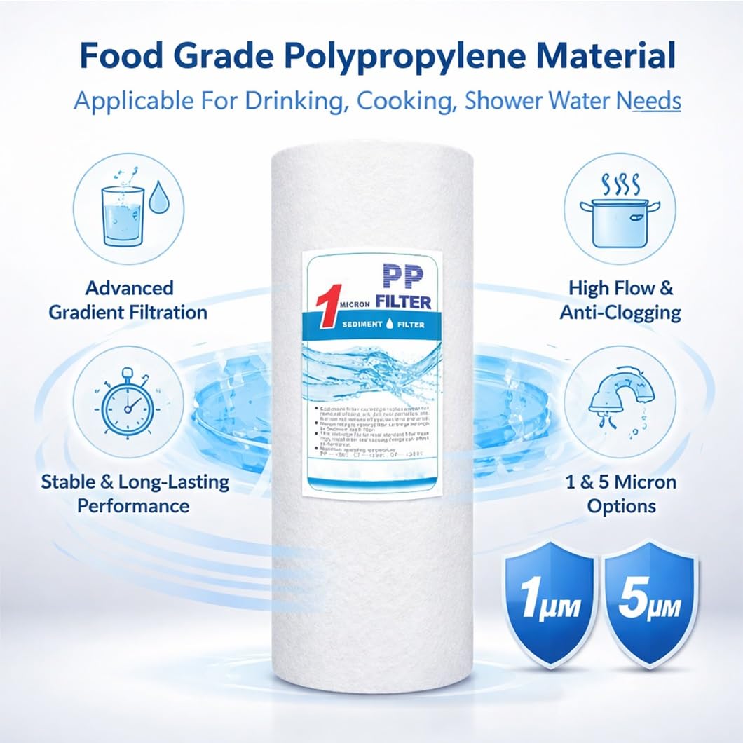 4-pak Płaskich Filtrów Do Wody Osadowej PP 10"x4,3" Do Dużego Natężenia Ruchu, Uniwersalny Wkład Wymienny Do Całego Domu(5 microns)