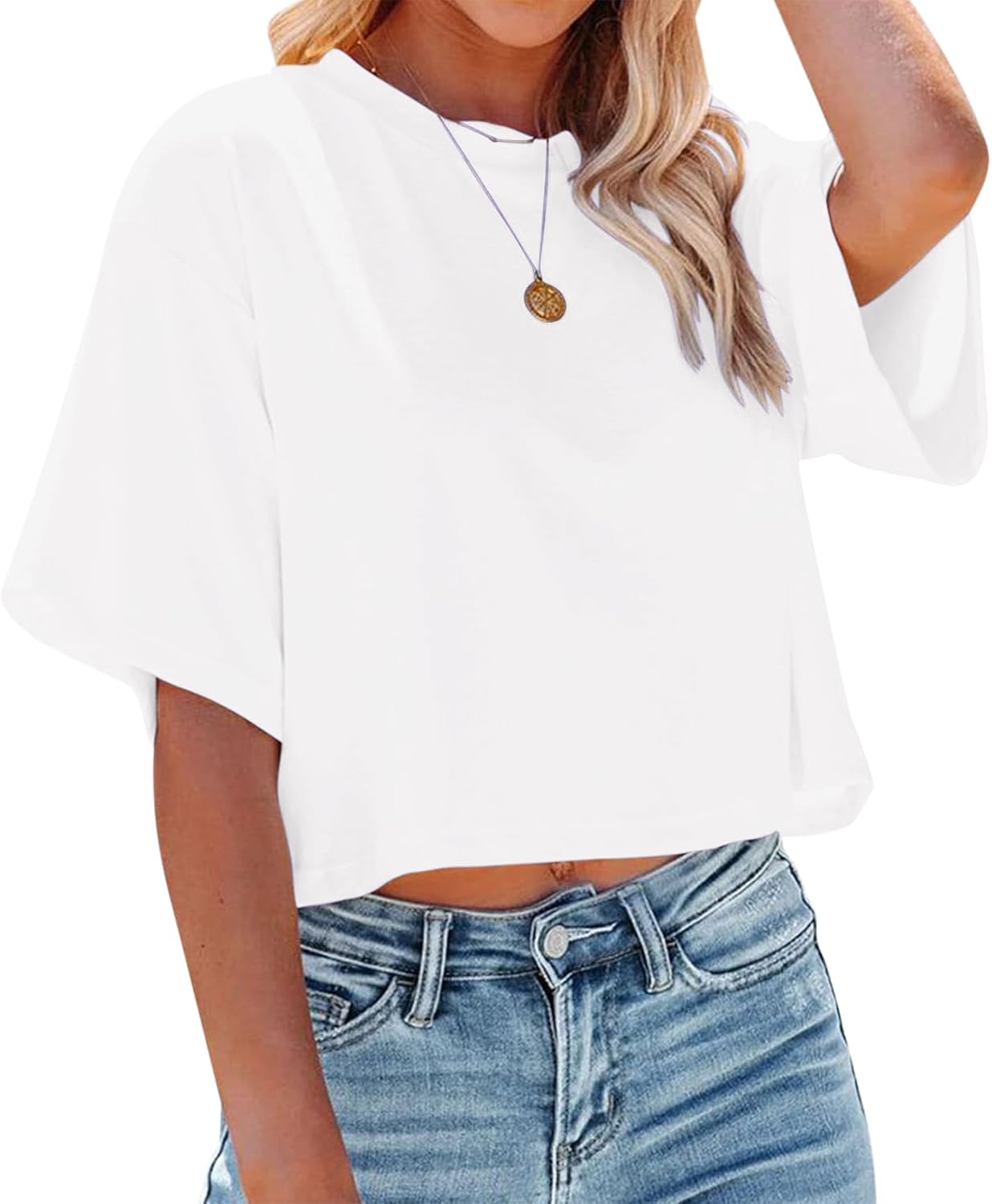 Women's Crop Tops Trendy 2026 Half Sleeve Crewneck Cropped Tee Shirts Summer Workout Tops - Image 2