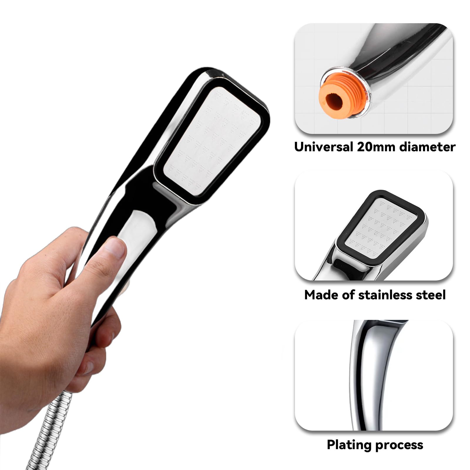 HarmonyCrafts One Piece Square Design High Pressure Shower Head with Ergonomic Handle, Silver Finish, 1 Setting - Image 3