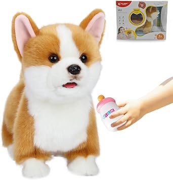 CU-MATE 12" Interactive Welsh Corgi Robot Dog Plush Dog Toy Gift for Kids | 12" robot dog walks, barks, wags tail, sticks tongue out, drinks milk and acts spoiled, soft and safe, ideal gift for kids