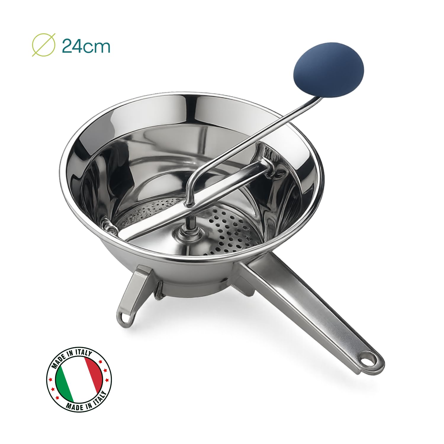 Virsus Passatutto in acciaio inox 18/10, DIAMETRO 24cm, 3 Dischi in dotazione, passaverdure manuale antiruggine per schiacciare patate, verdure, legumi, zuppe, salse, pomodori, Made in Italy