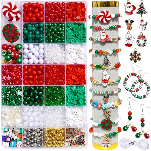 2370Pcs Christmas Beads for Bracelets Jewelry Making Kit Christmas Tree Snowflake Charms Red Green Xmas Clay Bead Assorted Acrylic Crystal Round Pearl Star Spacer Bead for Necklace Earrings DIY Craft