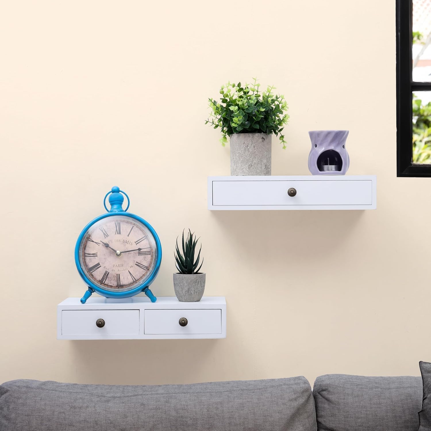WOOYNEX - 2- Vintage Floating Shelves with Drawers for Storage and Display that can be Used as nightstands or Bedside Shelves. (White)-image-47