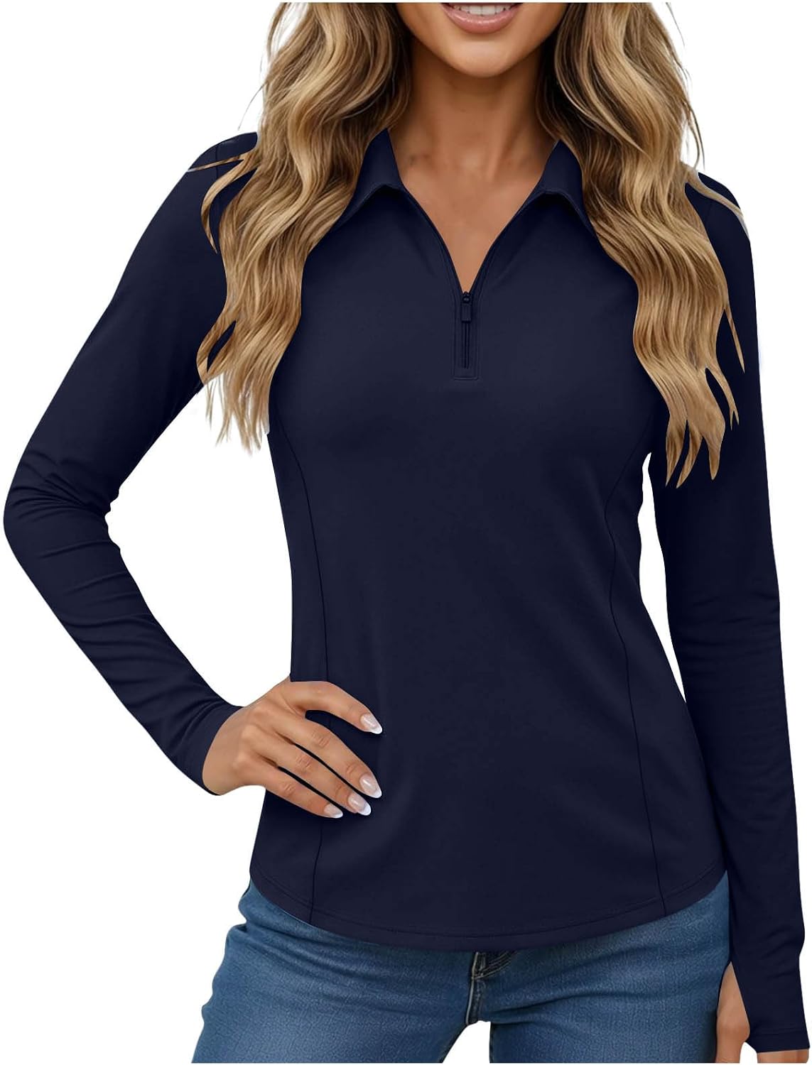 Women UPF 50+ Quarter Zip Polo Sun Shirt Long Sleeve Breathable Collared Top with Thumb Holes for Golf Travel