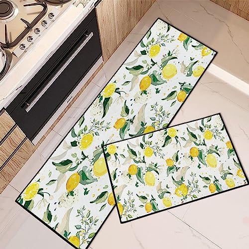 Tayney Lemon Kitchen Rugs and Mats Non Skid Washable Set of 2