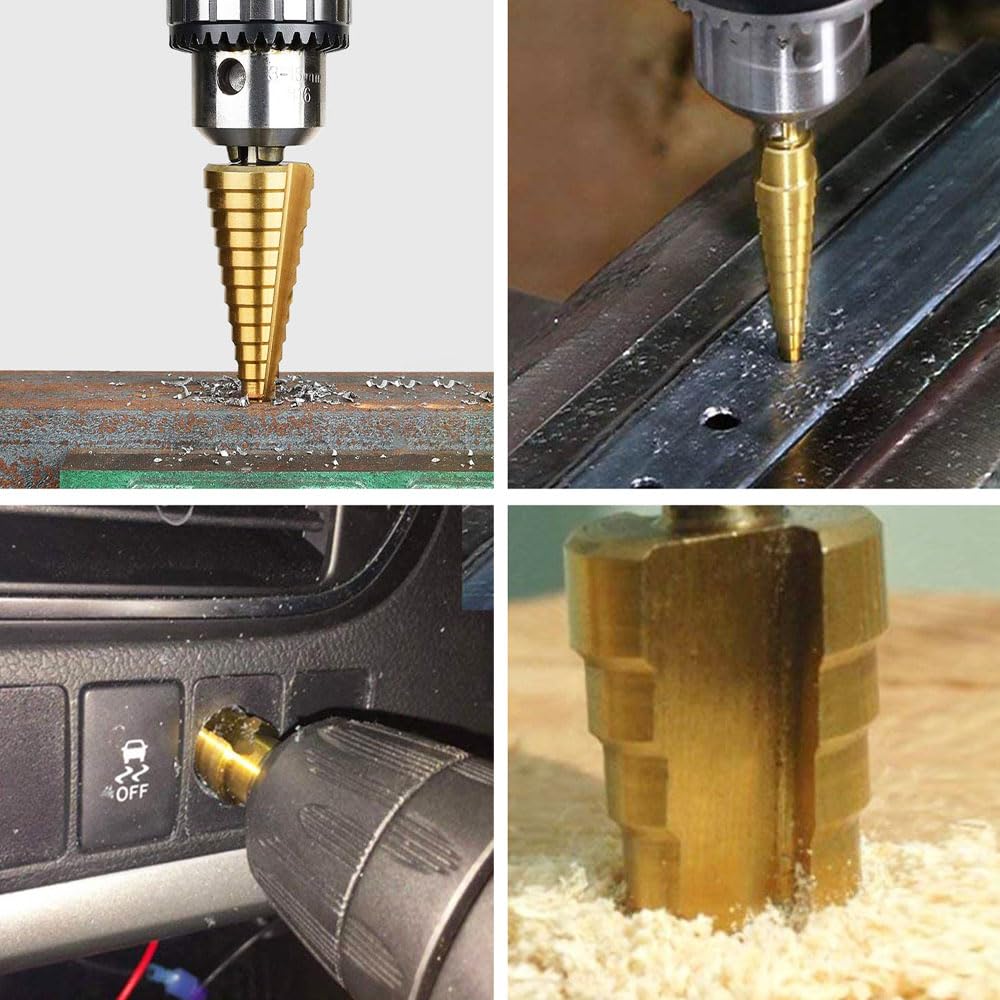 4-22mm HSS Titanium Coated Step Drill Bit High Speed Steel 1/4" Hex Shank Quick Change Cone Drill Bit Hole Cutter for Metal Plastic Wood