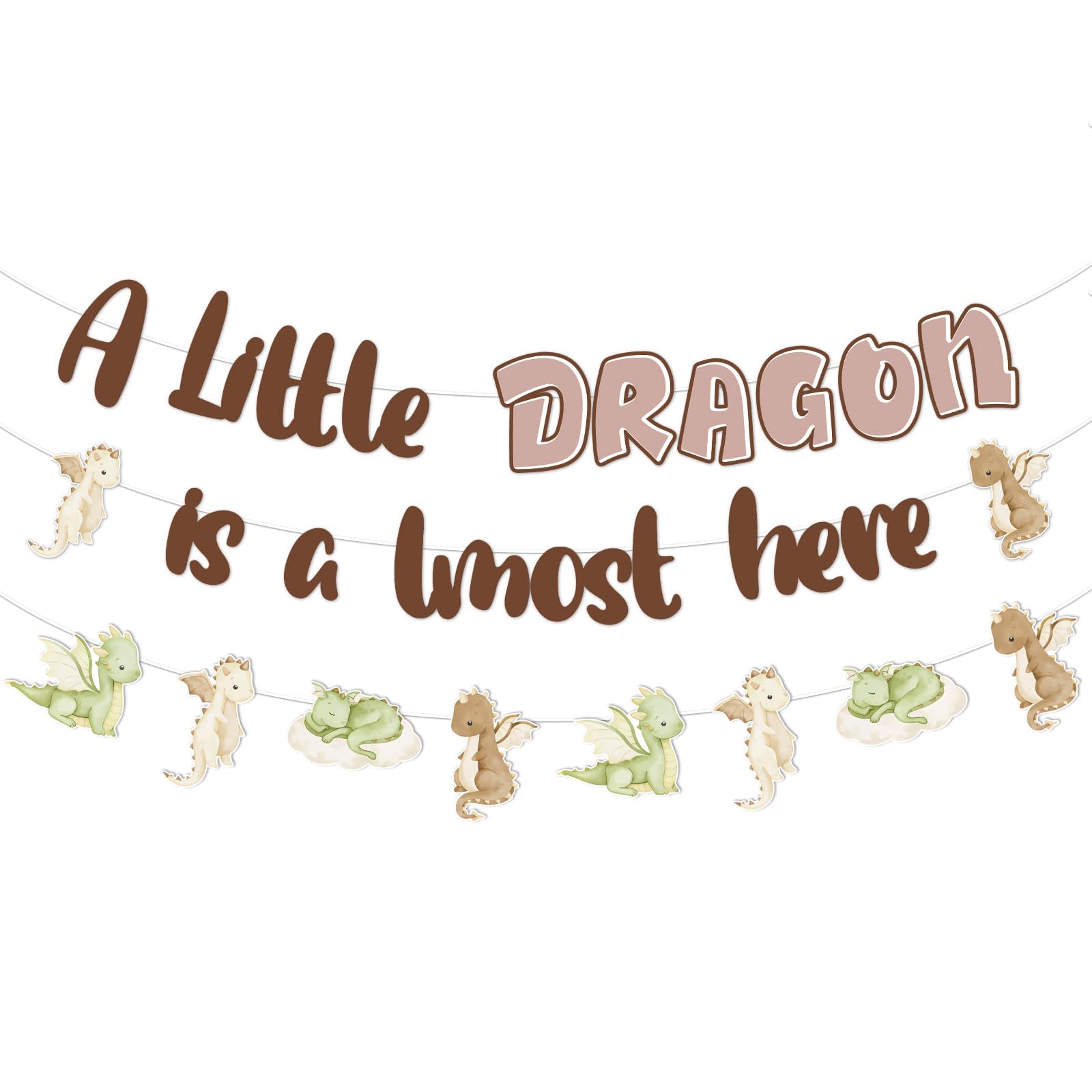 Bannière A Little Dragon Is on the Way en papier marron et vert pour baby shower