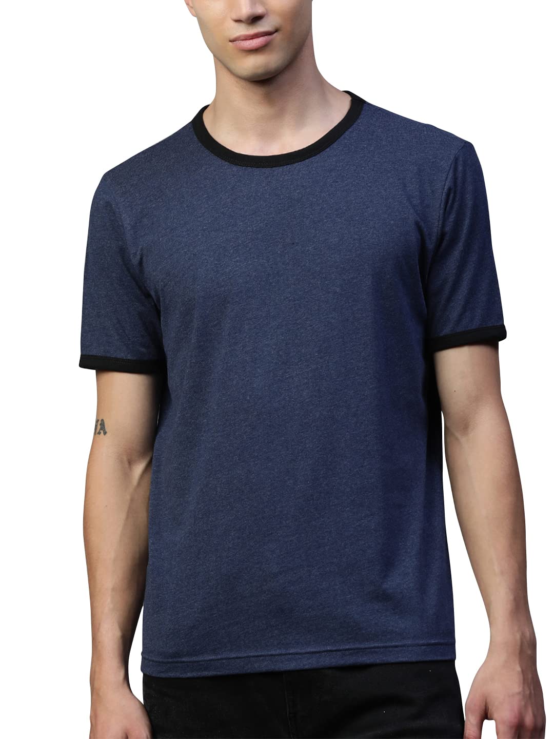 HUETRAPMens Blue Melange Short Sleeve Round Neck Solid Ringer Tee