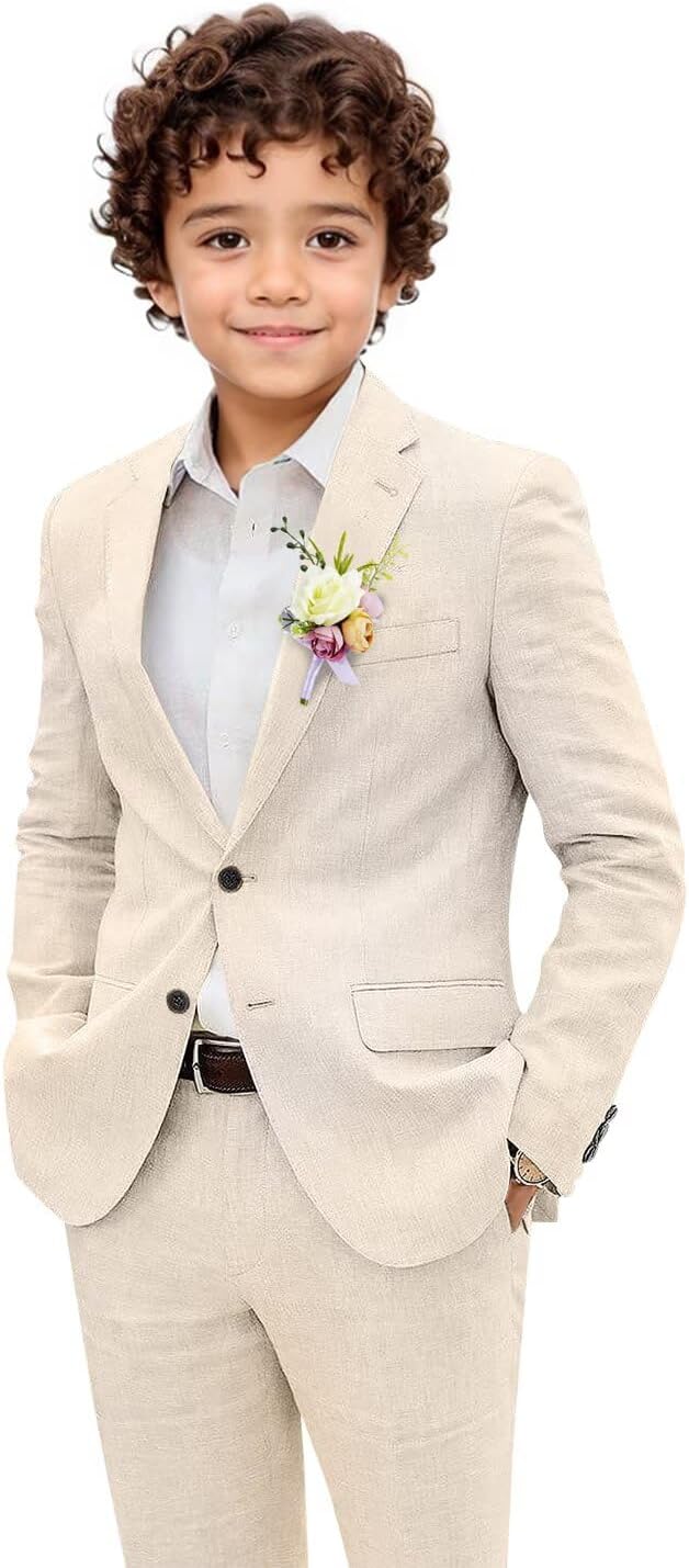 Boys Linen Suit 2 Piece Lightweight Summer Beach Wedding Tuxedo for Boys Formal Ring Bearer Outfit