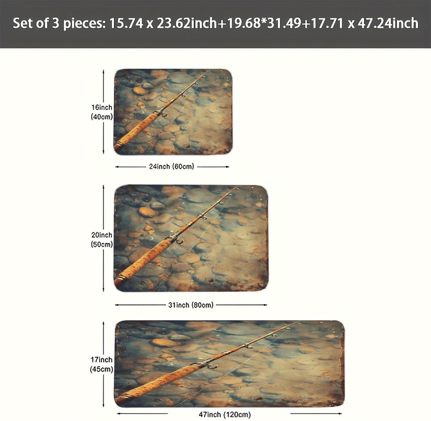 Fishing Rod Kitchen Rugs Sets of 3 Washable Non Slip Kitchen Rug Water Resistant Carpet Piece Anti Fatigue Kitchen Mats Soft Comfort Standing Mat Modern Area Rug