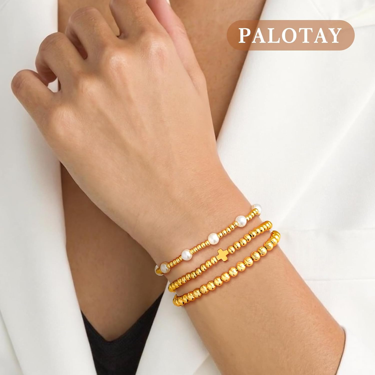 Gold Beaded Pearl Bracelets for Women 18k Gold Plated Stretch Stackable Cross Bracelets Boho Christian Jewelry Gifts - Image 2