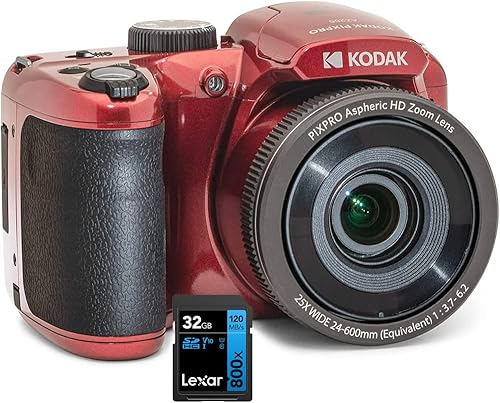 Kodak AZ255-RD PIXPRO Astro Zoom Cámara digital de 16 MP zoom óptico 25X paquete rojo con tarjeta de memoria Lexar 32 GB de alto rendimiento 800x