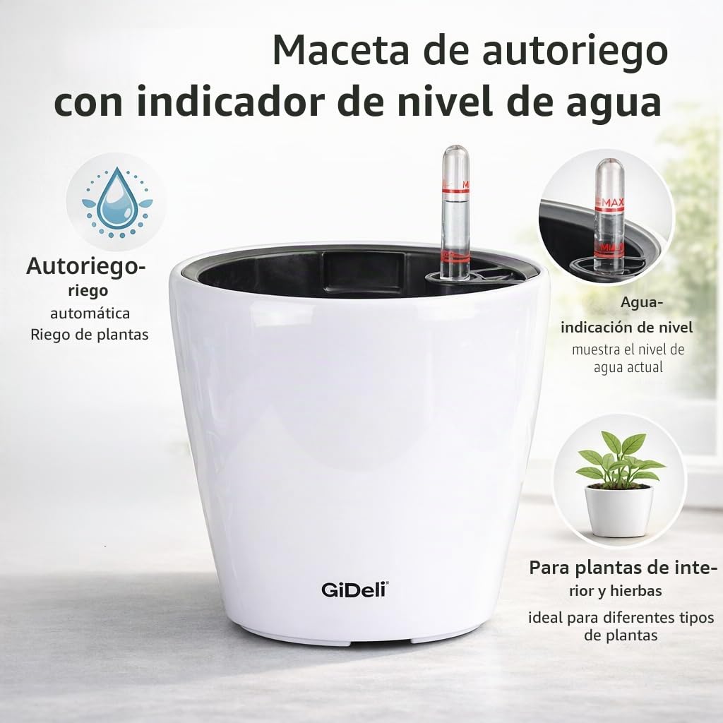 GiDeli Jardinera con riego automático - Maceta autoirrigable con indicador de nivel de agua - Macetas que protegen contra el desbordamiento y la putrefacción - Maceta que ahorra tiempo