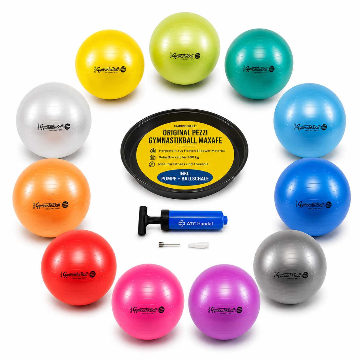 Pezzi - Palla da ginnastica Maxafe Ø 42, 53, 65 e 75 cm in tutti i colori, portata fino a 400 kg, fitness, riabilitazione, terapia, ginnastica, aerobica e come palla da seduta per ufficio