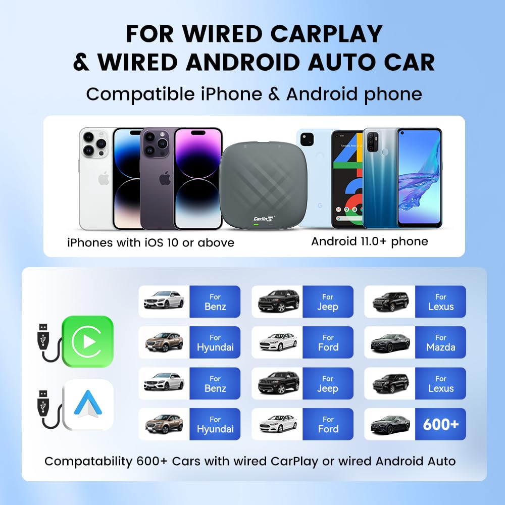 CarlinKit 2026 Adaptateur AiBox pour CarPlay et Android Auto sans Fil, pour Voitures avec CarPlay Filaire, système intégré 4+64GB Android 13.0 avec GPS, processeur Octa-Core