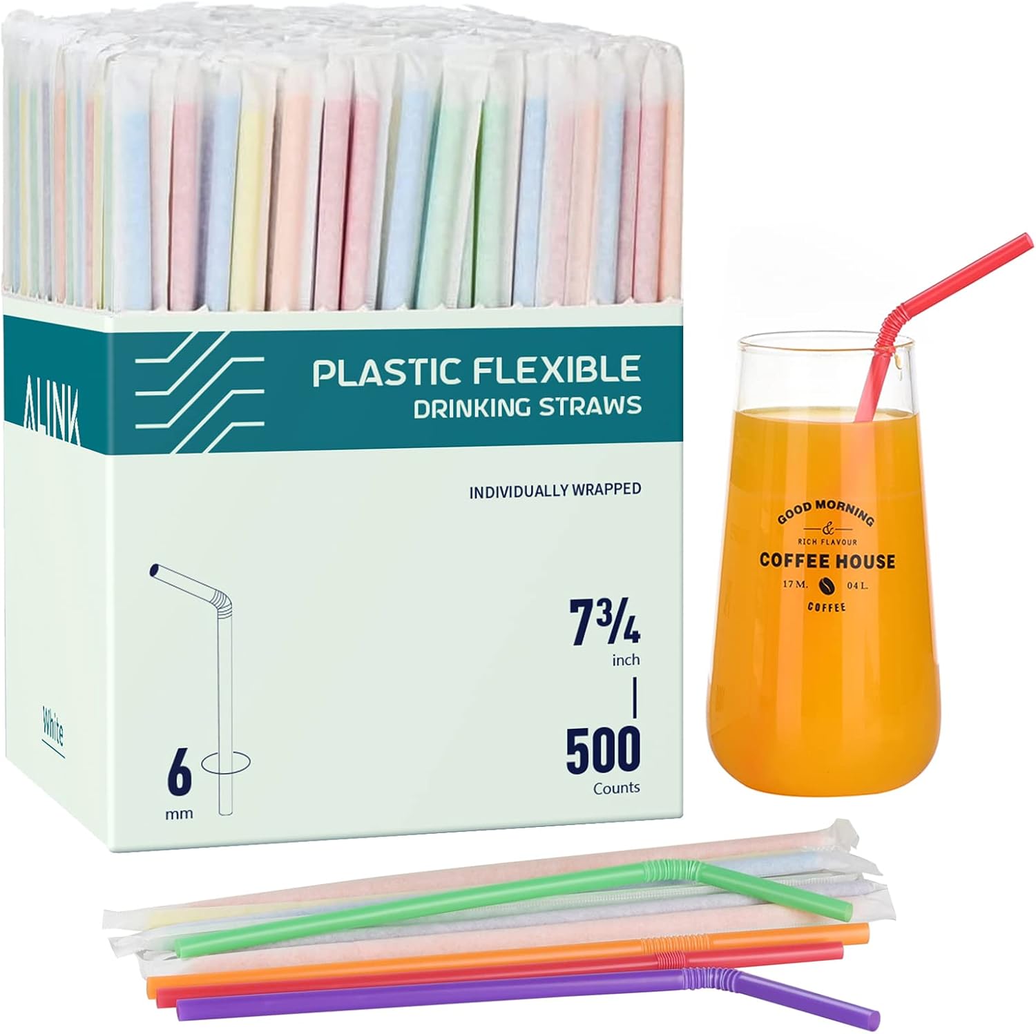ALINK 500 Count Colorful Plastic Flexible Drinking Straws