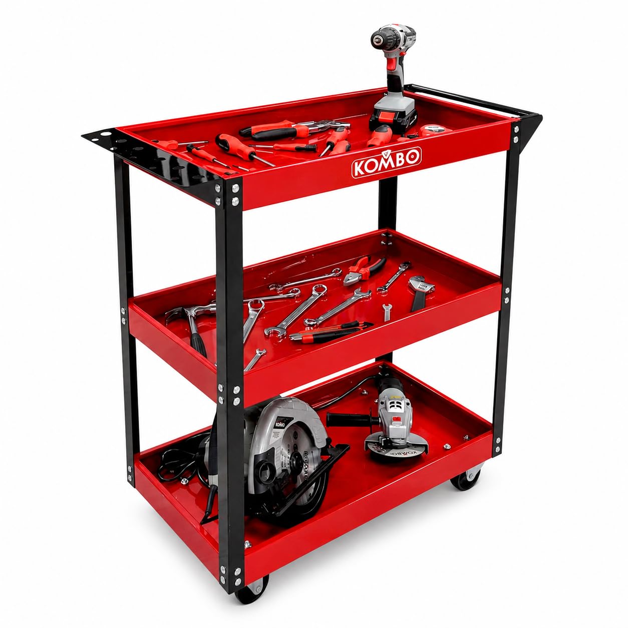Carrito portaherramientas 3 estantes de Acero 83 x 35 x 76 cm, Multiusos para Oficina, Rojo, Soporte de 75 kg