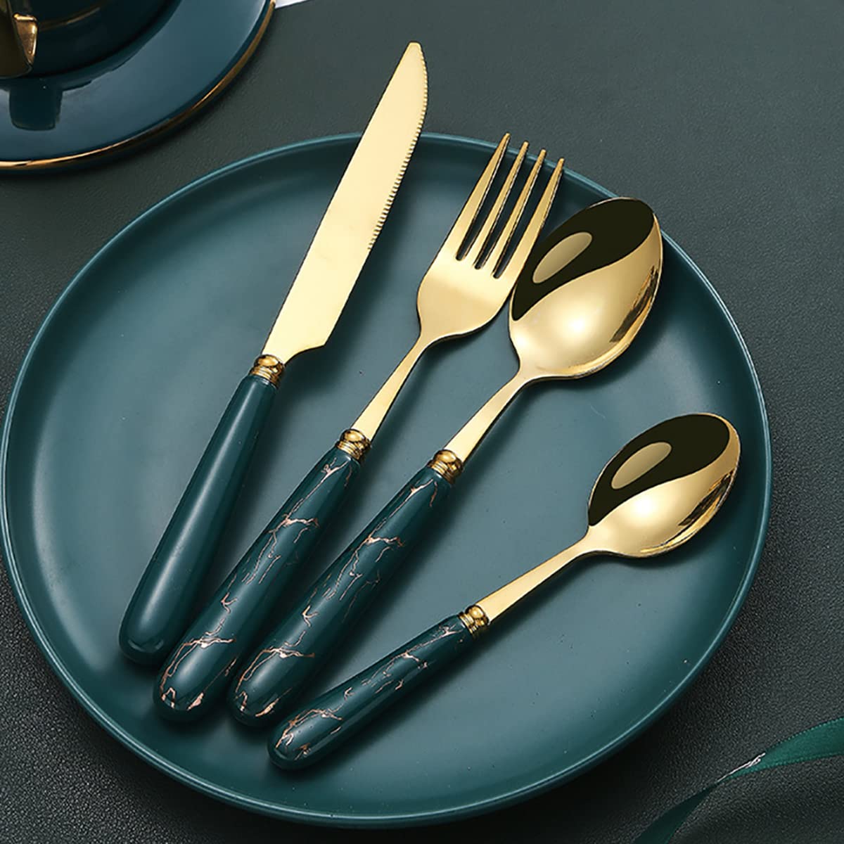 Gold Besteck-Set, 24-teiliges Edelstahl-Besteck-Set für 6 Personen, Besteck mit Löffel, Messer und Gabel-Sets, ideal für Zuhause/Party/Restaurant, Marmorierter Griff, spülmaschinenfest