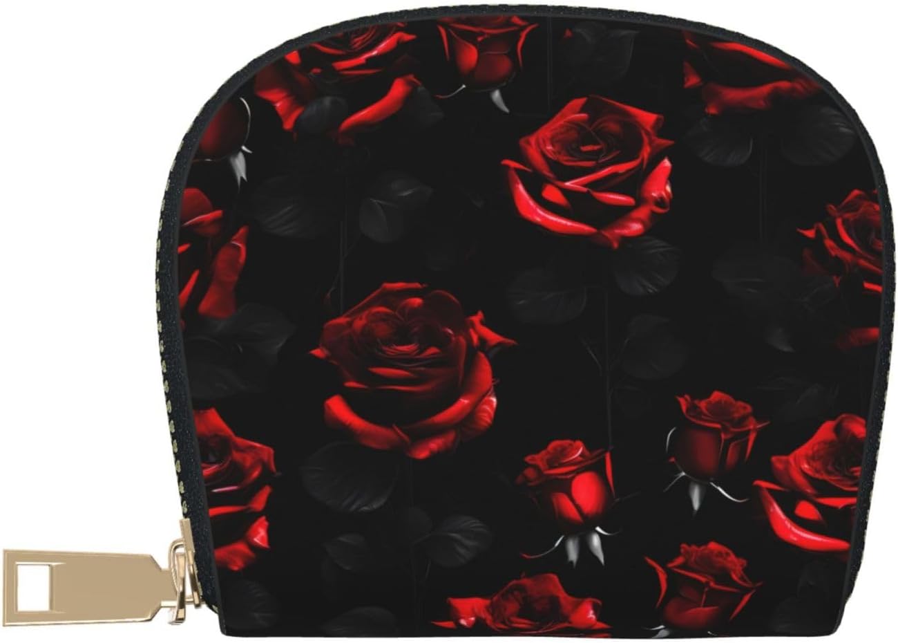 Red and black roses print Card Holder, Small Card Wallet Pocket Business Card Case with Zipper Modern Art