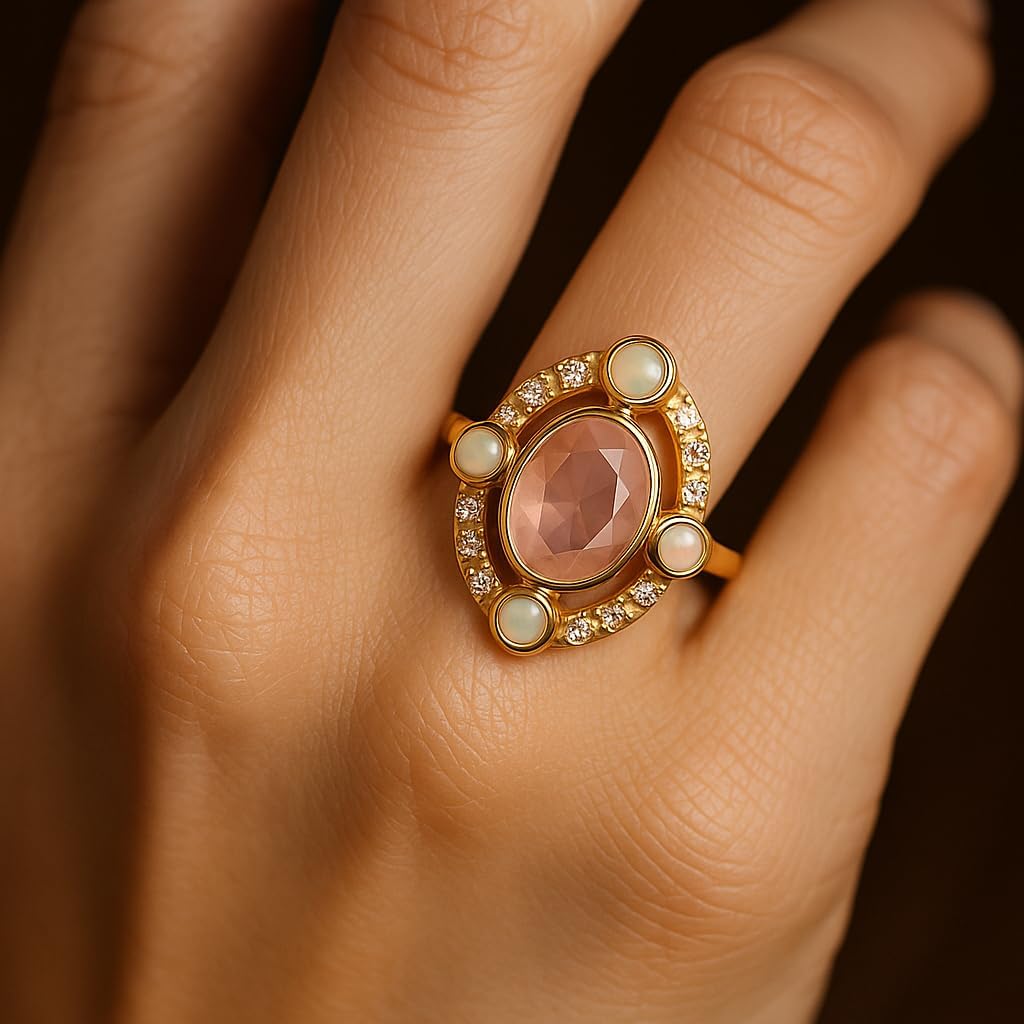 Oval Pink Rose Quartz Engagement Ring for Women in 14K Yellow Gold Opal & Diamond Halo Vintage Art Deco Ring Statement Promise Anniversary Jewelry Gift for Her