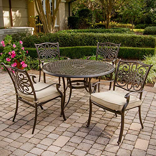 Hanover Traditions5Pc Pc Set Of 4 Cast 48 Traditions 5-Piece Rust-Free Outdoor Patio Set With Tan Cushions, 4 Chairs And Aluminum Round Dining Table #TOP16