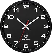 Wall Clock Radio Controlled Wall Clock 25 cm Black Quartz Battery Operated Wall Clock Easy to Read Modern Battery Operated Wall Clocks for Living Room Bedroom Kitchen Clocks