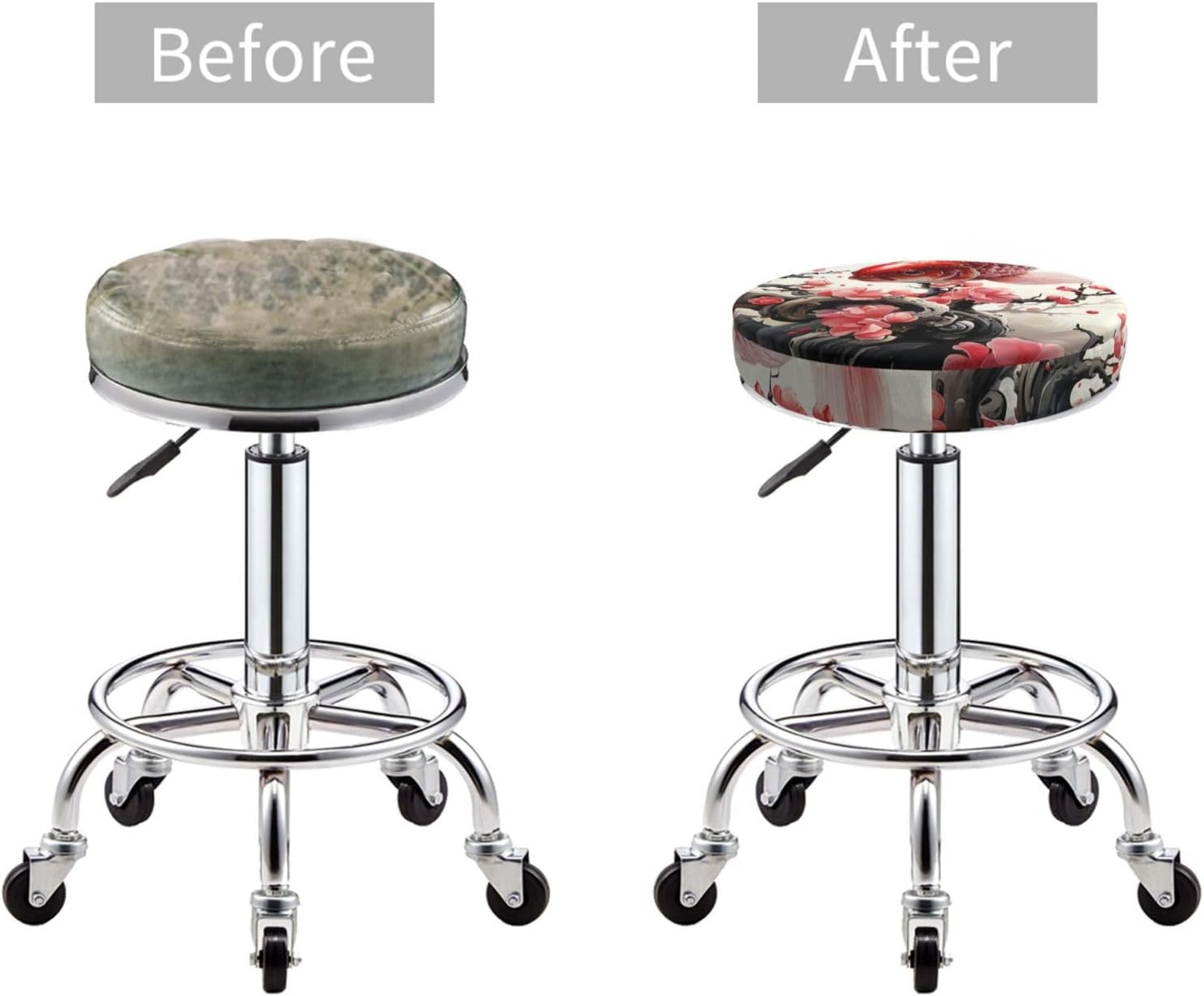 Bar Stool Cover Round Elastic Stool Cushion Covers Red Plum Fish Bar Chair Cover Washable Stool Cushion Slipcover Stretch Stool Seat Covers for 12-14 Inch Chair