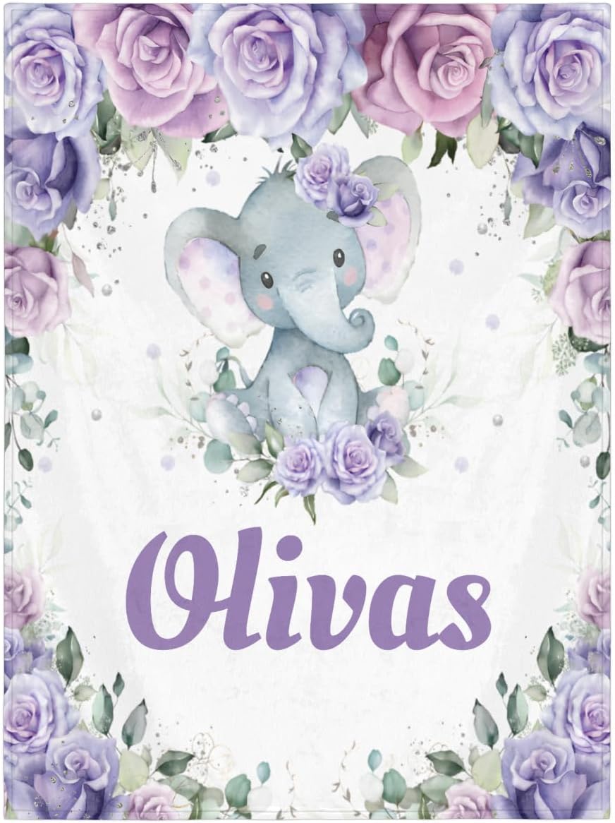 Personalized Baby Blankets for Girls Boys, Custom Baby Blanket with Name Swaddle Toddler Fleece Blanket Personalized Gift Purple Floral Elephant