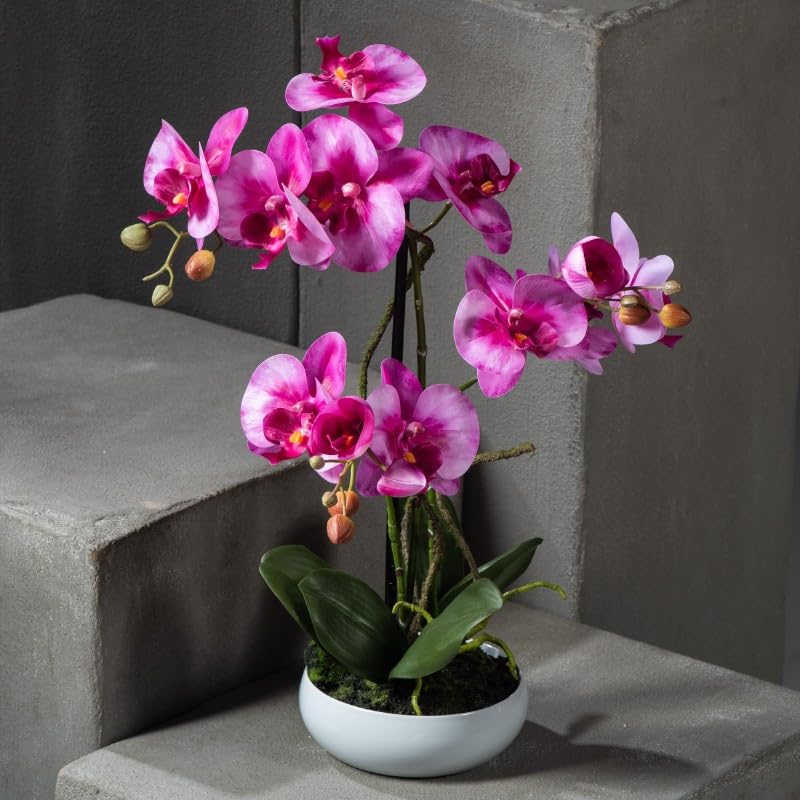 Orchidée artificielle haut de gamme fuchsia 48cm avec son pot en céramique