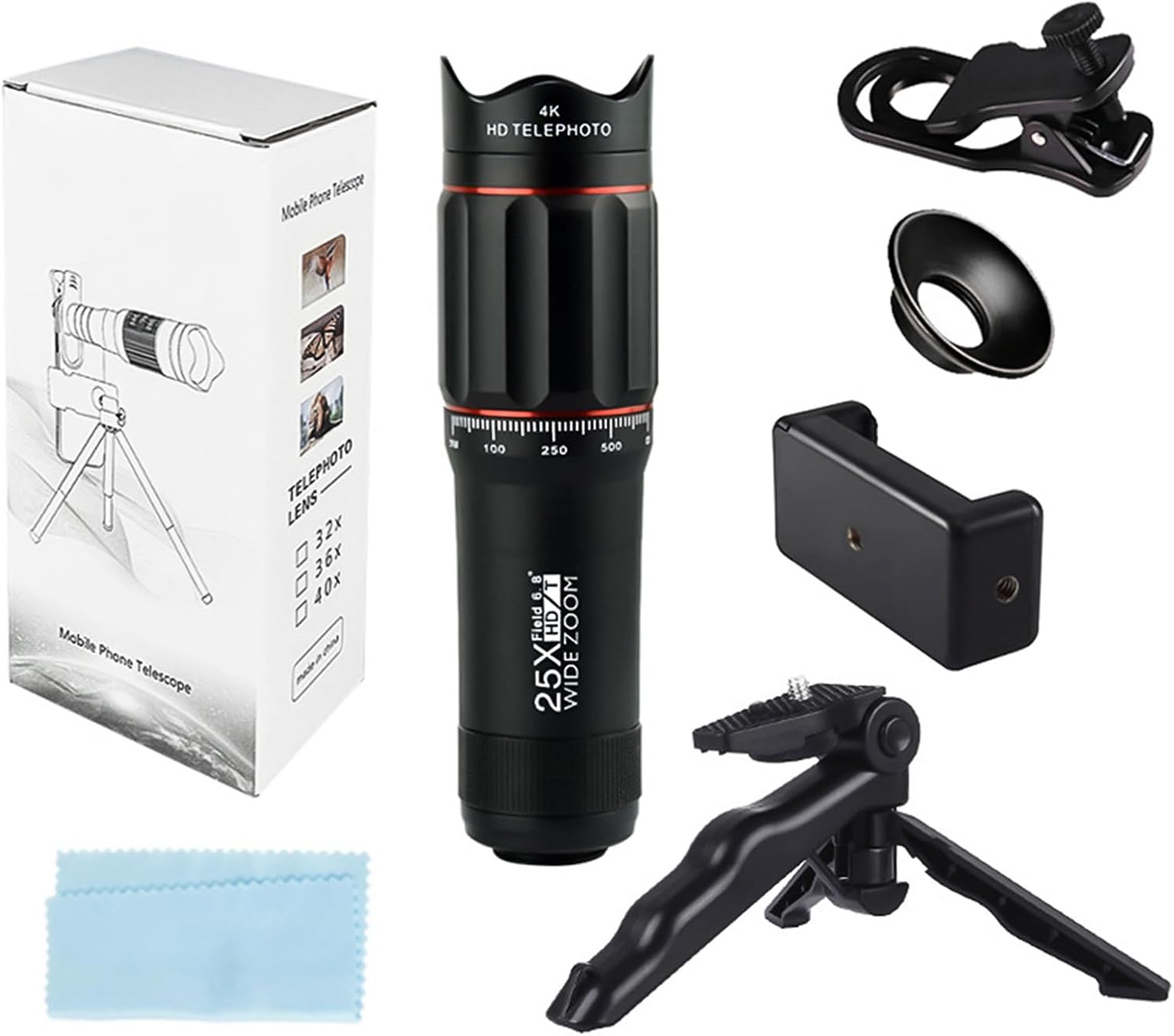 Cell Phone Zoom Lens, 25X Magnification 18mm Eyepiece 25mm Objective Len Telephoto Lens Camera Lens with Clamp Eye Mask Lens Cloth Handheld Stand for Capturing Vivid Distant Images