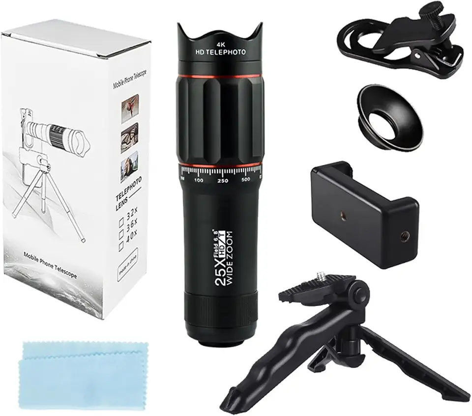 aqxreight Lente Telefoto 25X para Smartphone Lente Telescópica para Telefones Celulares Com Mini tripé Suporte para Clipe de Telefone para Observação da Lua, Observação de Pássaros,