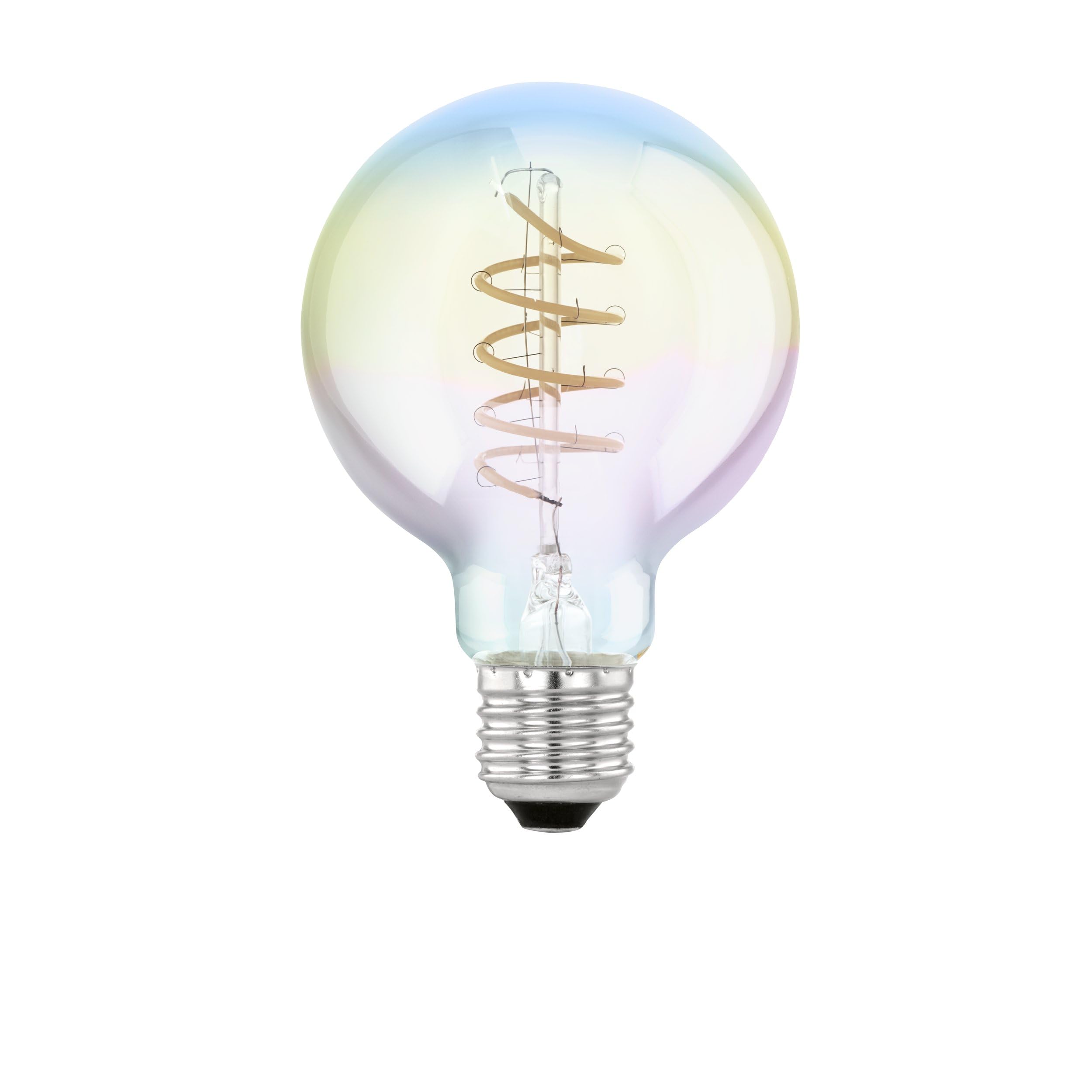 Eglo Dimmable iridescent E27 LED globe, multicoloured vintage spiral filament light bulb, Edison lamp in rainbow colours, 4 watt, 200 lumen, warm white glow, 2000 Kelvin, G80, Ø 3"