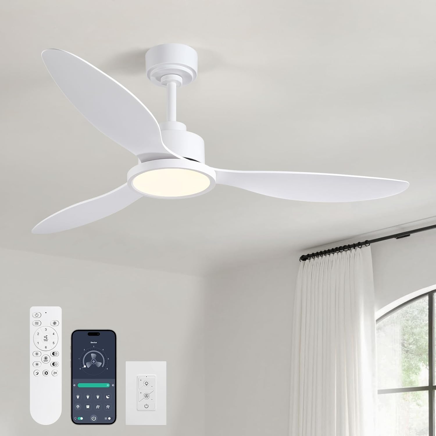 52" White Ceiling Fan with Light and Remote, Dimmable Fandelier Ceiling Fans, 6-Speed Wind Modern Fan Light with 3 Blades, Smart Timer Downrod Mount Fandelier Fan for Bedroom Dining Room