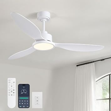 52" White Ceiling Fan with Light and Remote, Dimmable Fandelier Ceiling Fans, 6-Speed Wind Modern Fan Light with 3 Blades, Smart Timer Downrod Mount Fandelier Fan for Bedroom Dining Room