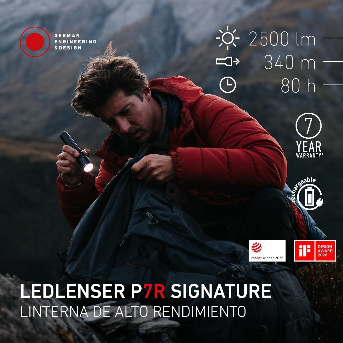 Ledlenser P7R Signature Linterna Recargable, 2500lm, Alcance 340m, IP68 | 80h de autonomía, enfoque ajustable, 8 modos incluido estroboscópico, 197g, funda para cinturón, para acampada y senderismo
