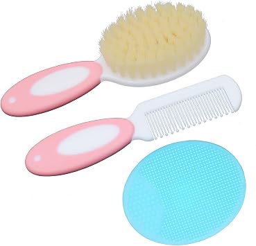 Baby Hair Brush &Silicone Baby Cradle Cap Brush Set, for Newborns & Toddlers-Natural Soft Goat Bristles-Ideal for Cradle Cap-Perfect Baby Registry Gift Pink