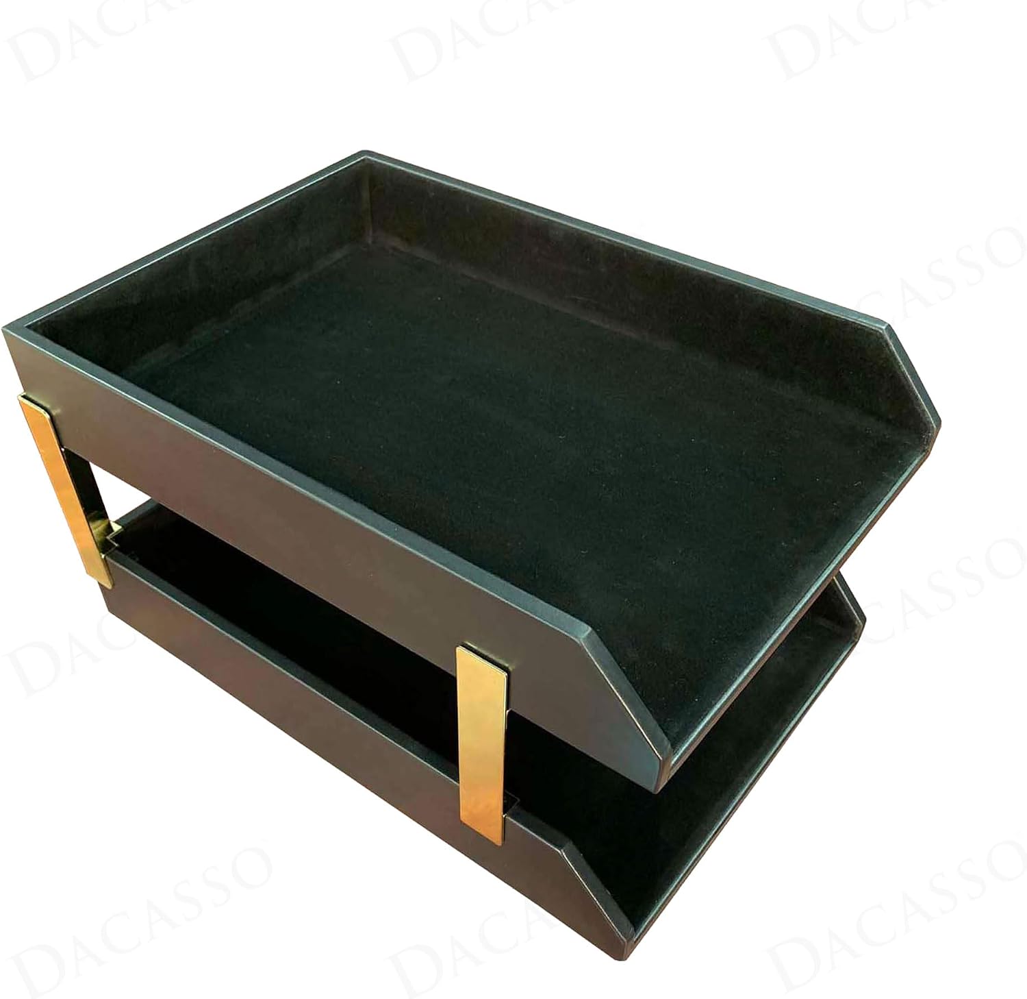 DACASSO Classic Black Leather Double Legal Letter Tray Stacking Set w/Gold Posts - Luxury Executive Decor and Office Essential - Desk Surface Protector