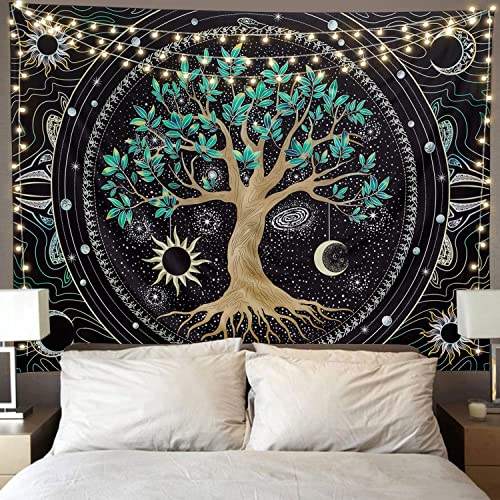 Image of FLY SPRAY Aesthetic Tree of Life Tapestry Trippy Wall Tapestry Hippie Sun Moon Star Galaxy Space Tapestries Forest Wall Hanging Decor Vibrant Nature Home Decoration for Bedroom, Living Room, Dorm