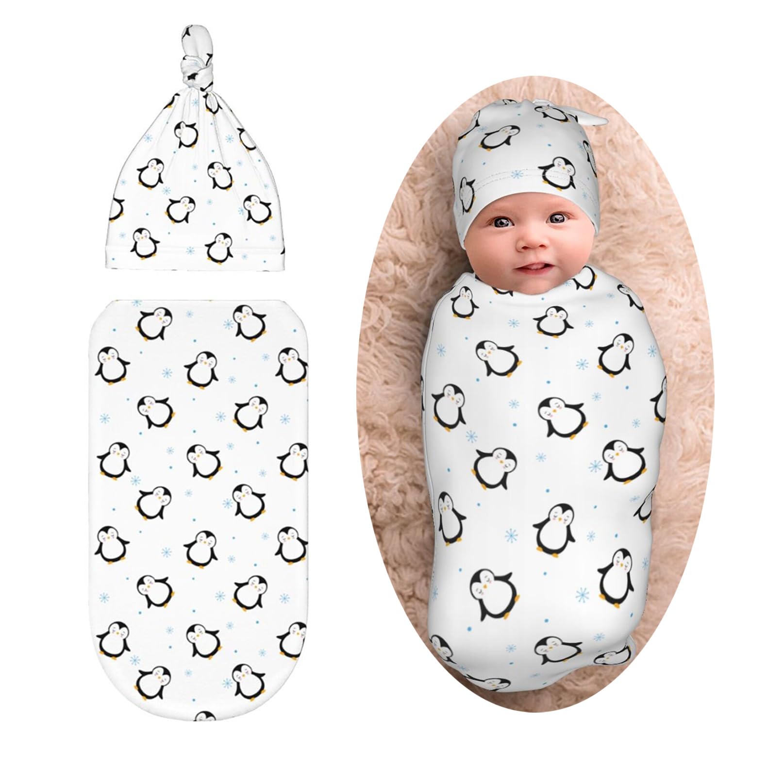 Penguin Cartoon Newborn Swaddle Blanket for baby,Unisex Baby Stuff,Soft for Boys Girls, with Beanie hat Set, Baby Swaddle Wrap for Baby Shower Infant