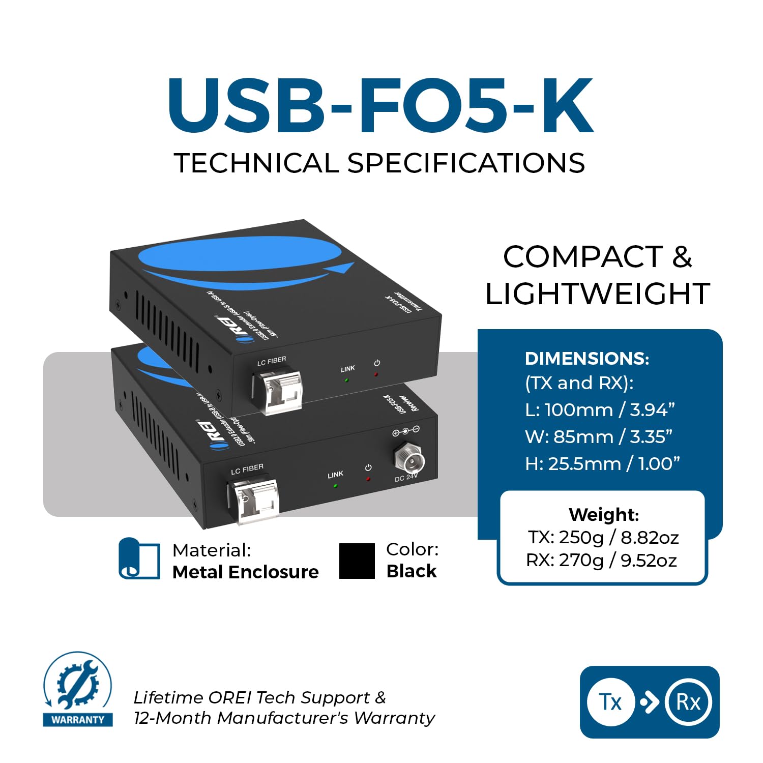 OREI Extension de fibre USB 2.0 de 5 km – Extension USB industrielle à 4 ports sur fibre monomode – 480 Mbps Plug and Play pour Windows Mac Linux