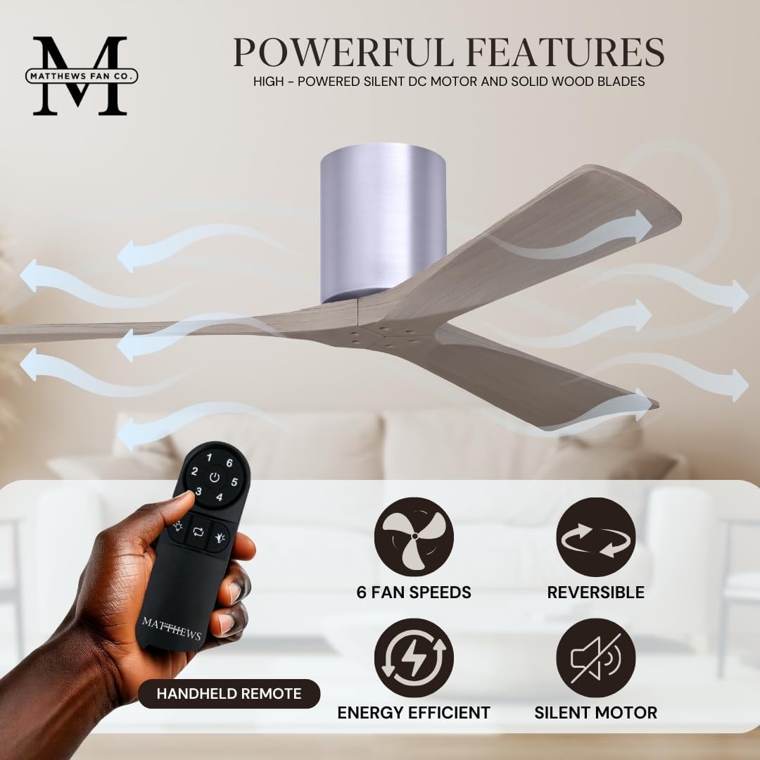 Matthews IR3H-BN-GA-60 Irene 60" Indoor/Outdoor Damp Rated Flush Mount Hugger Ceiling Fan with Remote & Wall Control, Silent DC Motor, 3 Gray Ash Solid Wood Blades, Brushed Nickel