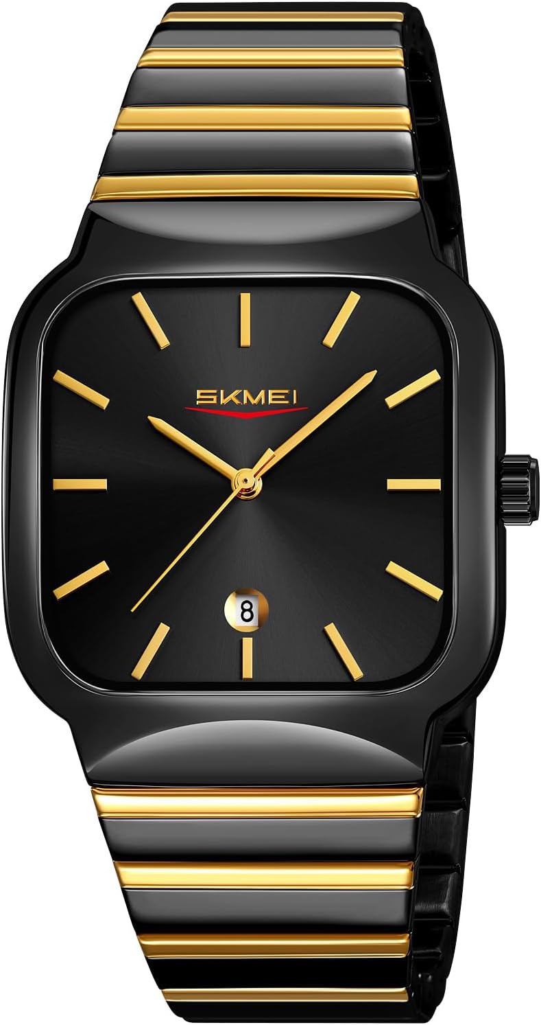 Gosasa Classic Square Watch for Men Fashion Analog Quartz Stainless Steel Band Waterproof Men’s Business Dress Wrist Watch with Calendar