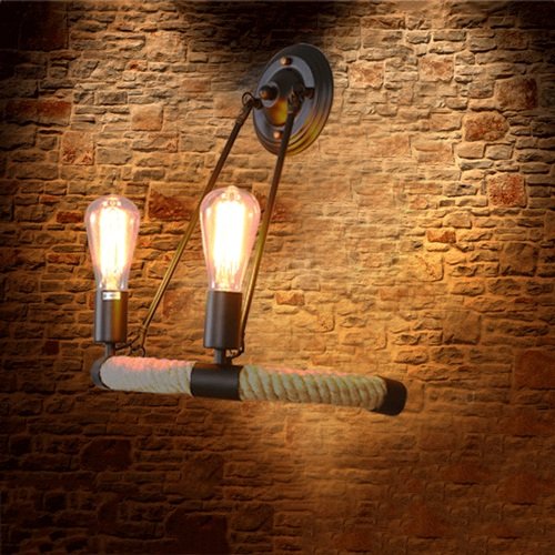 Vinteen American Retro Industriel Style Noir Restaurant Chanvre Corde Applique En Fer Forgé Art Couloir Balcon Allée Salon Escaliers Café Double Têtes Source de Lumière E27 Applique Murale
