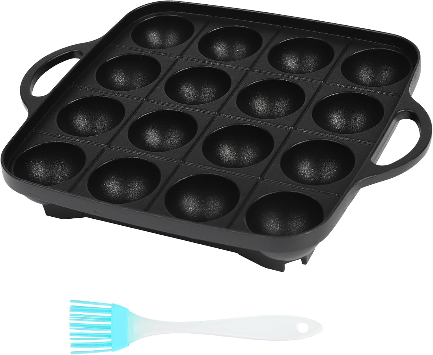Qivine Takoyaki Pan, 16 Hole Nonstick Cast Iron Takoyaki Pan with Silicone Brush, Octopus Ball Maker Ebelskiver Pan for Gas Stove, Aebleskiver Cast Iron Pan for Cake Pops, Ebelskiver