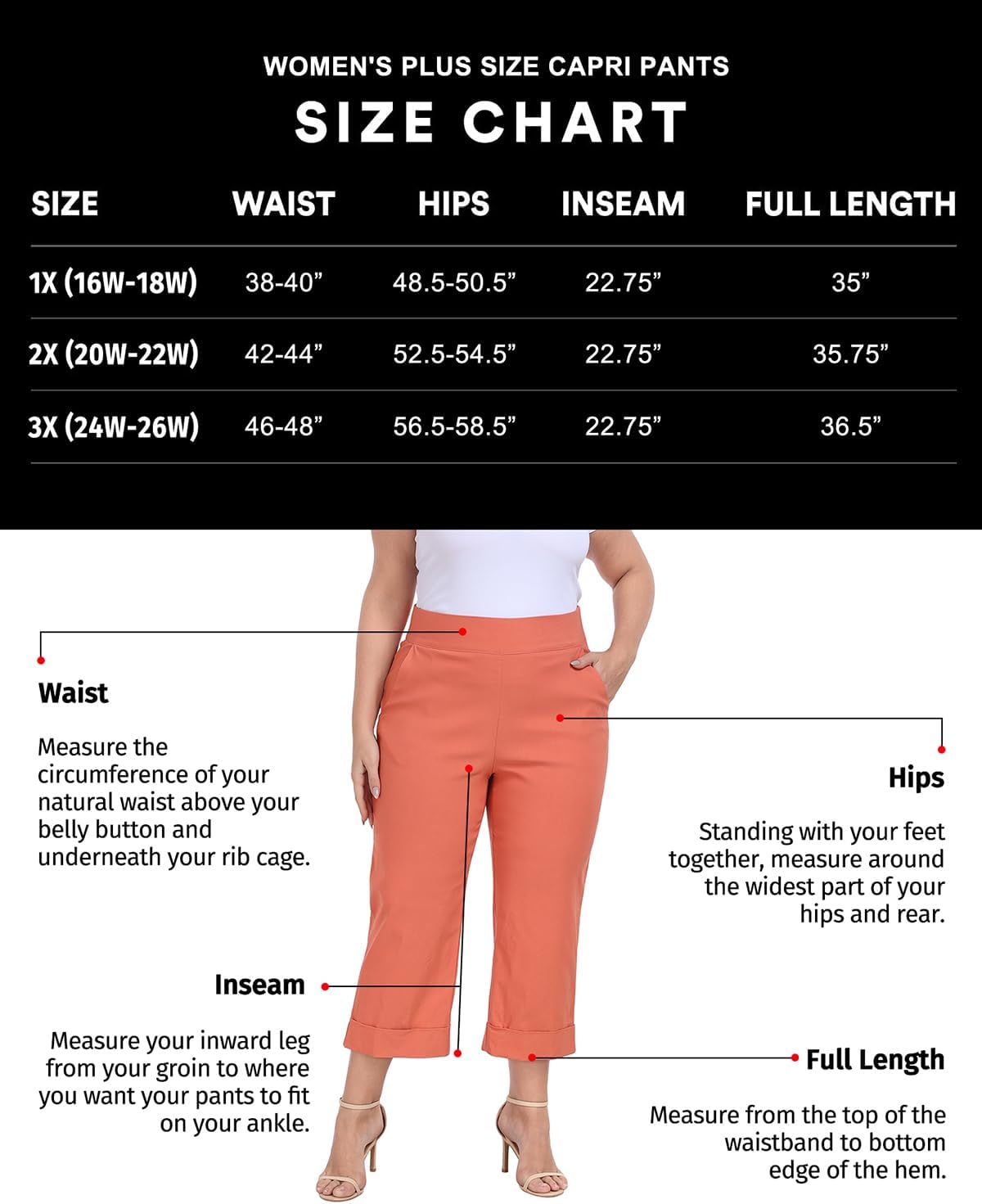 Plus Size Pull On Capri Pants for Women Elastic Waist Work Casual Dress Cropped Pants with Pockets & Cuff