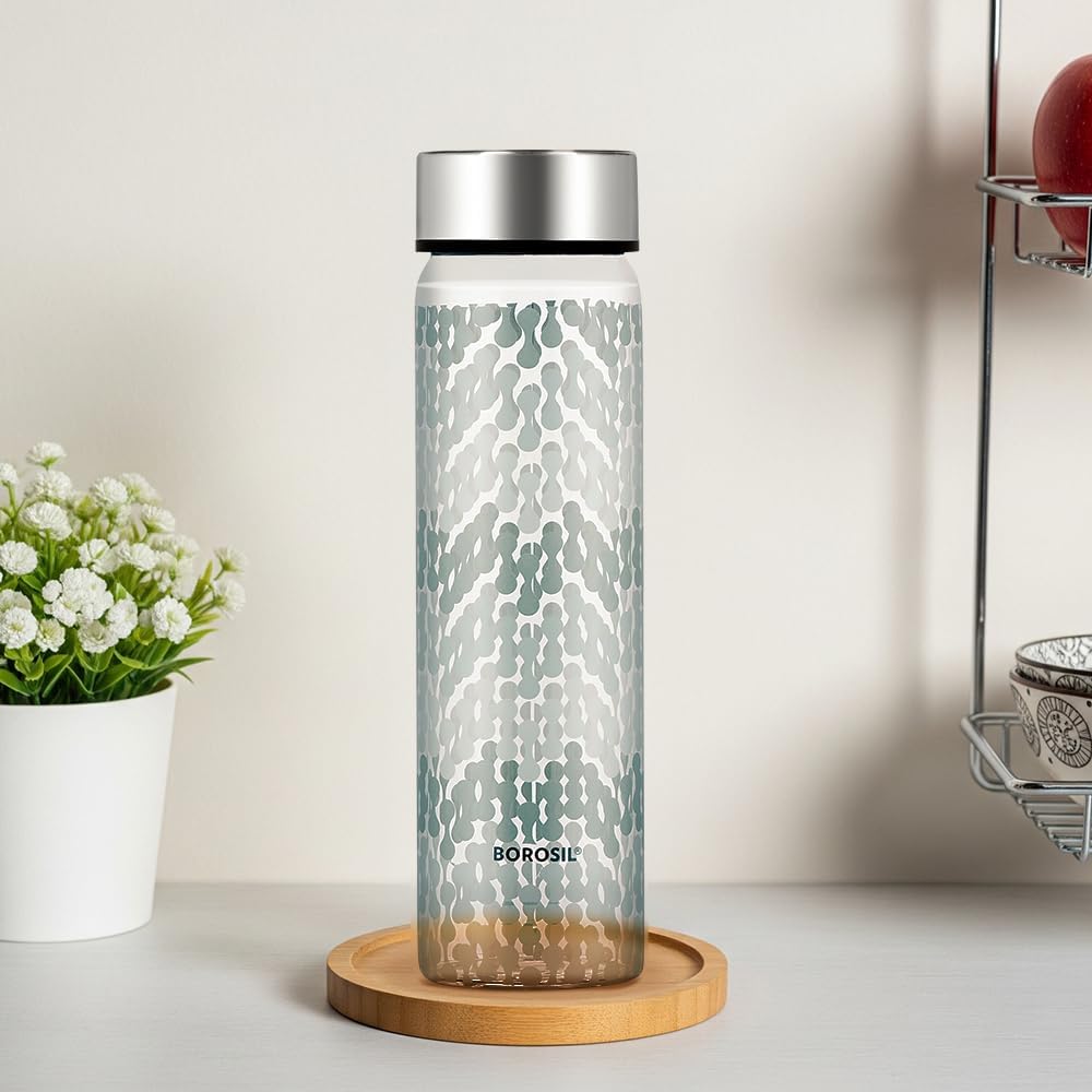 Borosil Vista Glass Bottle, 550ml, Wide Mouth, Silver Metal Lid, Stylish Design, 100% Borosilicate, Fridge Safe, Leakproof, Easy to Carry, Store Water, Lassi, Juice, Smoothies, Dishwasher Safe