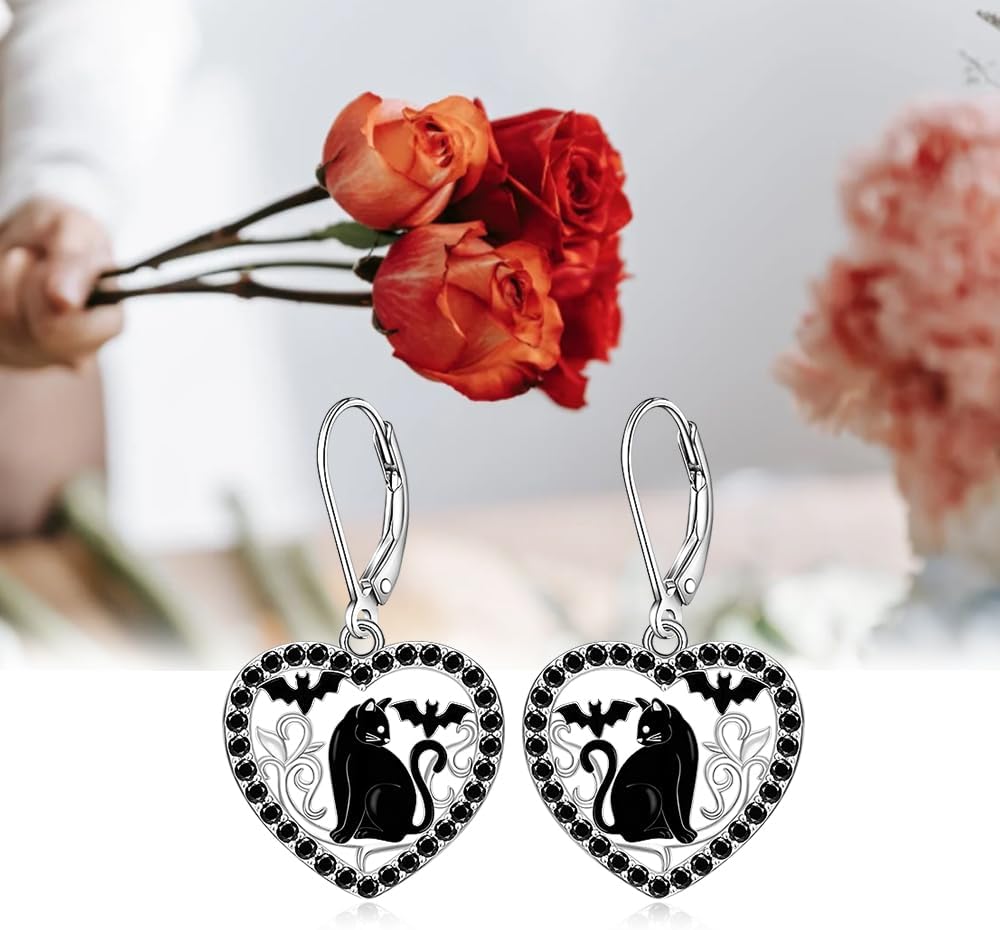Halloween Cat Earrings for Women Black Cat Earring Dangle Bat Sterling Silver Leverback Halloween Gifts for Women Jewelry Goth Birthday Gifts - Image 8
