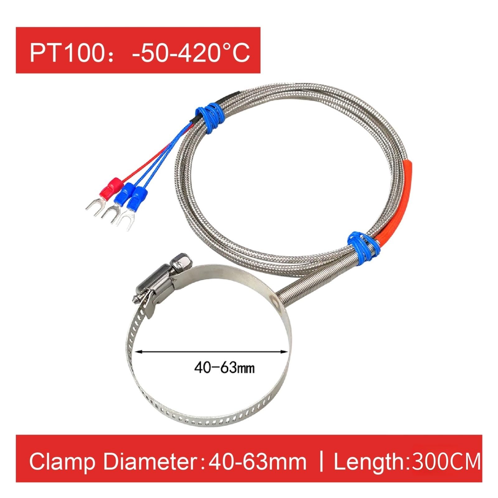 Sensor de superficie de tubería ajustable tipo K con termopar de abrazadera(PT100-300cm-40-63mm)