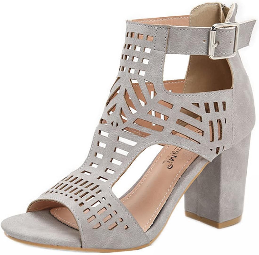Chunky Heeled Sandals for Women - Cutout Strappy Peep Toe Summer Block Heels Buckle up Party Dressy Sandal