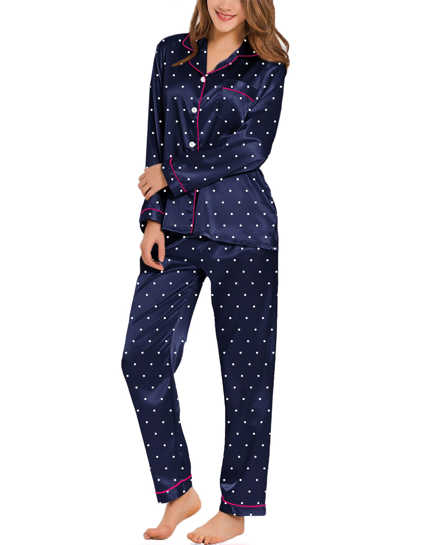 SWOMOG Pyjama Set for Women Long Sleeve Pyjamas Silk Satin Pjs Soft and Cute Dot Print Sleepwear Set